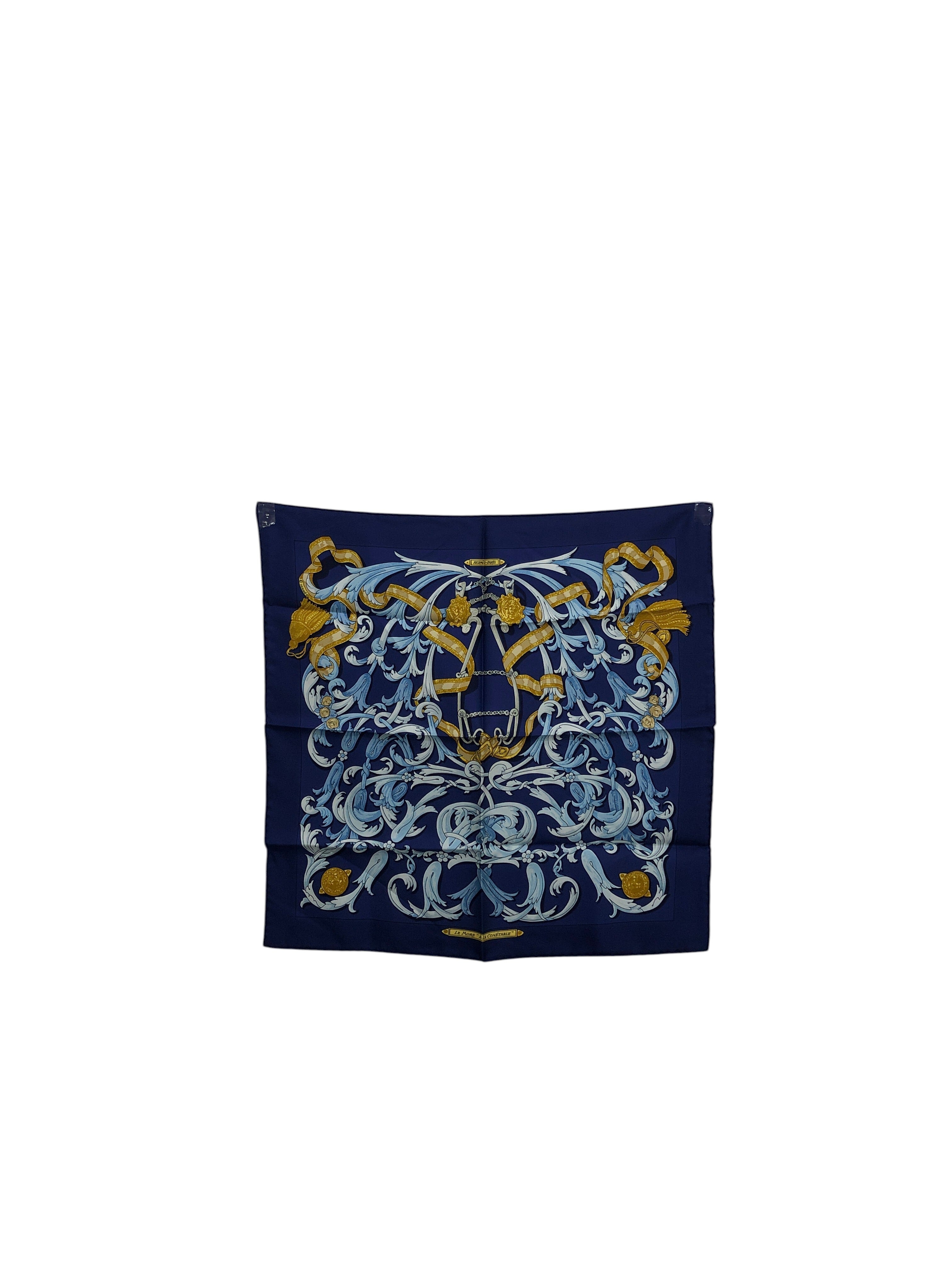 HERMES エルメス カレ40 スカーフ ネイビー×ゴールド タッセル シルク Le Mors à la Conetable vintage ヴィンテージ オールド gxjjt2