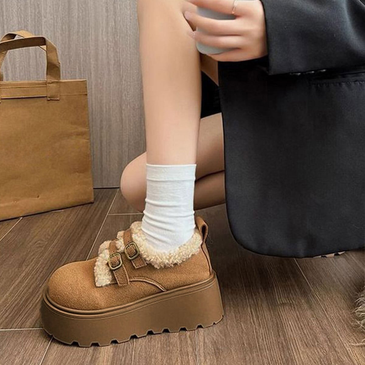 ダブルベルト ボアムートン シューズ レディース 秋冬 厚底 靴 韓国 おしゃれ きれいめ 大人 カジュアル 通勤 通学 防寒 保温 暖かい 軽量 歩きやすい 大人可愛い 大人女子