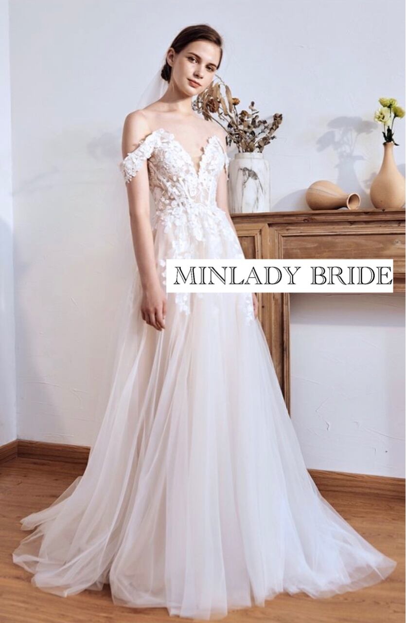 オフショルダー 花柄刺繍 Vネック ウェディングドレス | MINLADY BRIDE