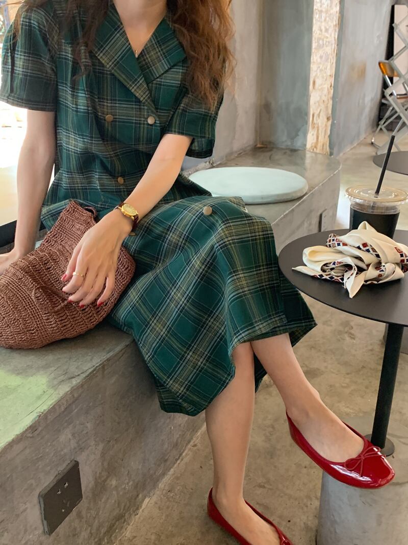 ダブルブレストスカート サマーカジュアル格子柄ドレス レッド 夏物 ビッグFスモールZ韓国22212860251