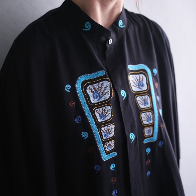 "刺繍" blue art design fry-front loose h/s shirt