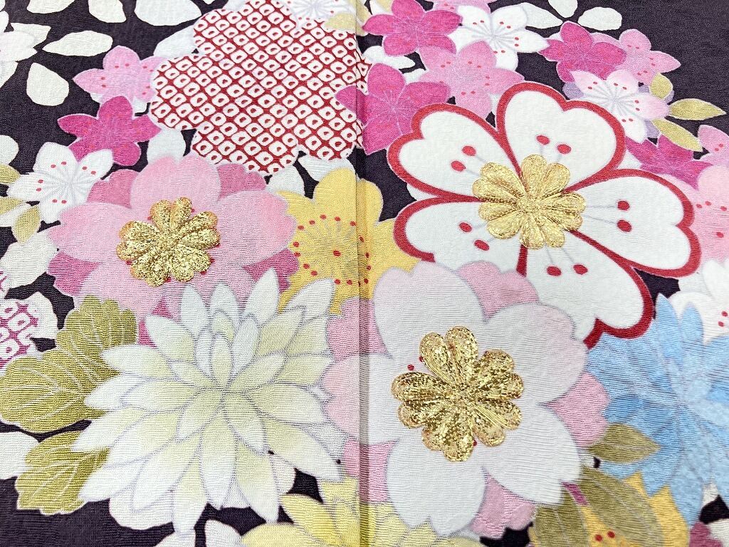 金駒刺繍 花づくし 桜 金箔 振袖 正絹 紫 濃色 黒 白 ピンク 038