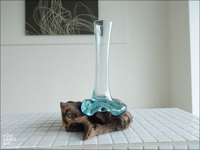 硝子フラワーベースSin11 花瓶 プリミティブガラスベース 手作り 一輪挿し 一点物 ハンドメイド 無垢材 自然な様