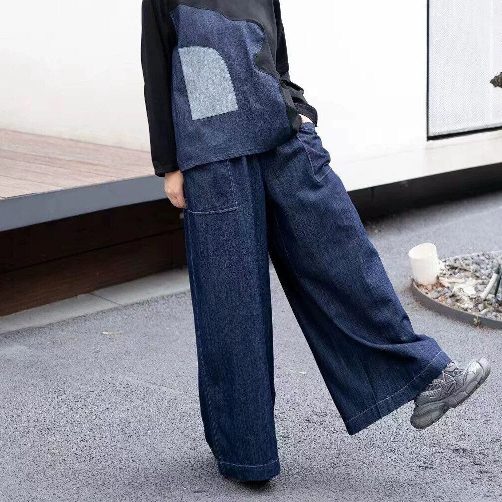 ELASTIC WAIST WIDE LEG DENIM PANTS 2colors M-16269