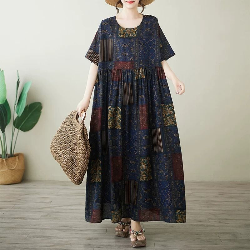 CONTRAST PANEL FLOWY MAXI SHORT SLEEVE DRESS M-17702