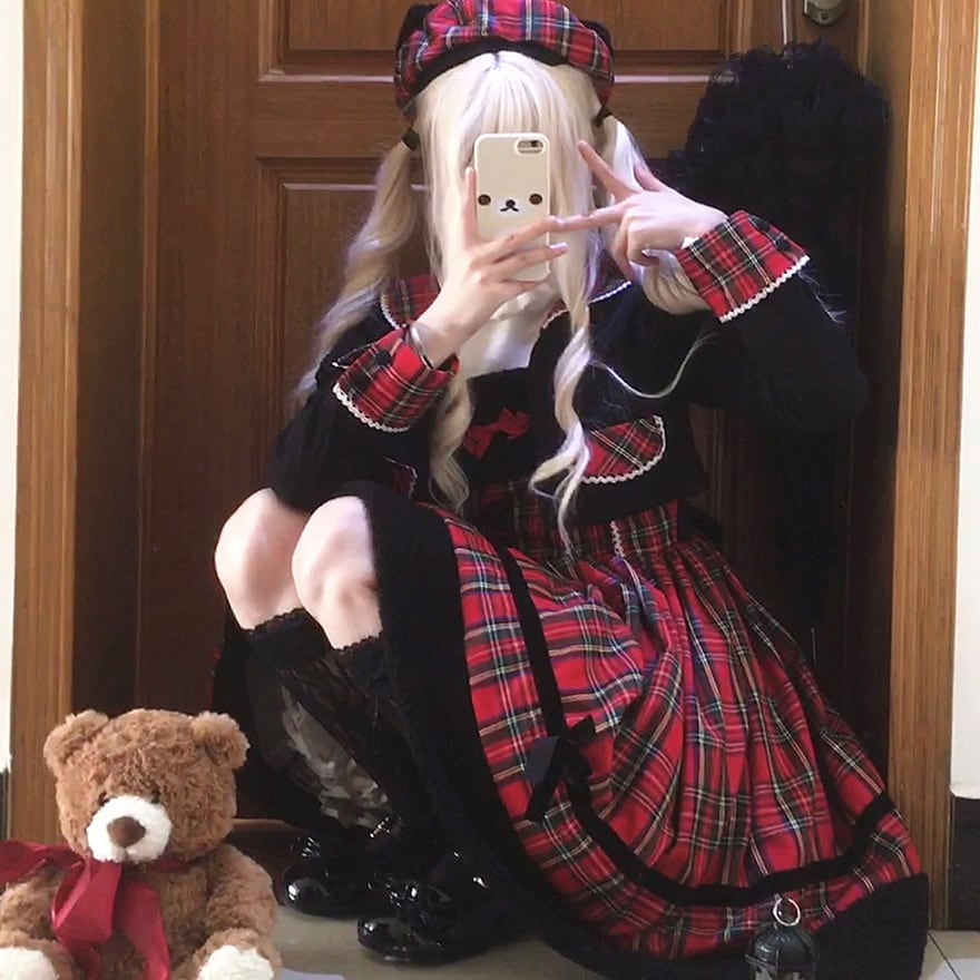 サブカル系 天使と悪魔 予約商品 クラロリ 3点セットアップ チェック柄 ジャケット ヘッドバンド サスペンダースカート