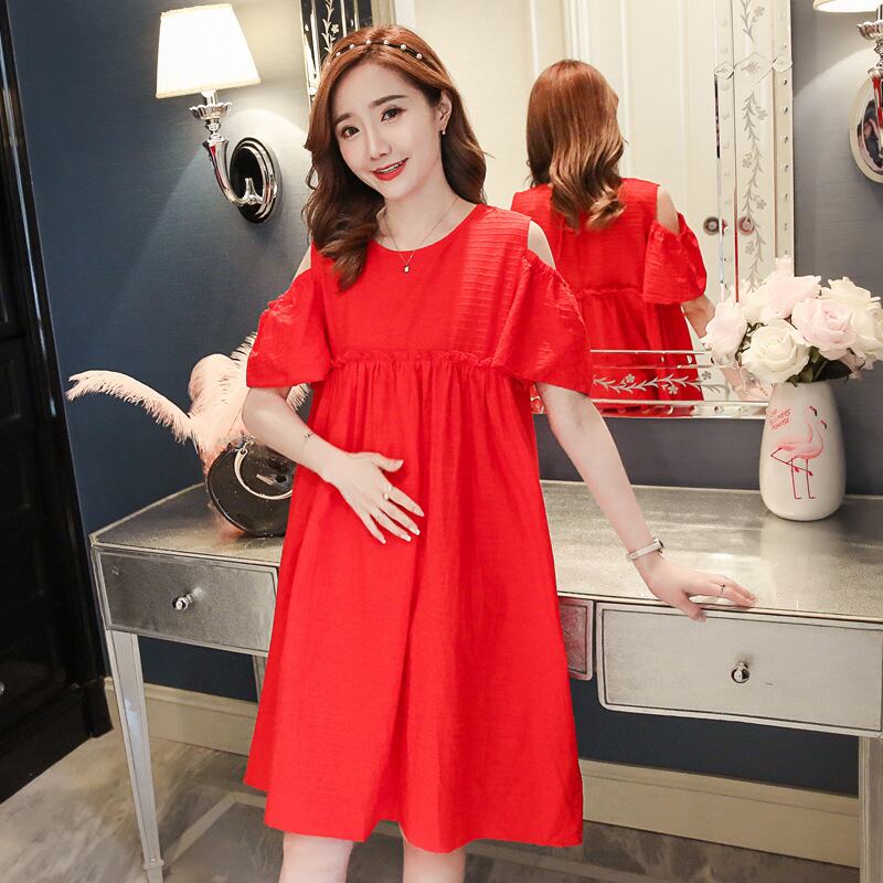 【新作】【送料無料】 マタニティウェア2019夏の新しいルーズストラップレス半袖ドレスファッションステッチミドル丈マタニティドレス-アリババ ショート ハーフスリーブ サマー 夏物 expec29944999533