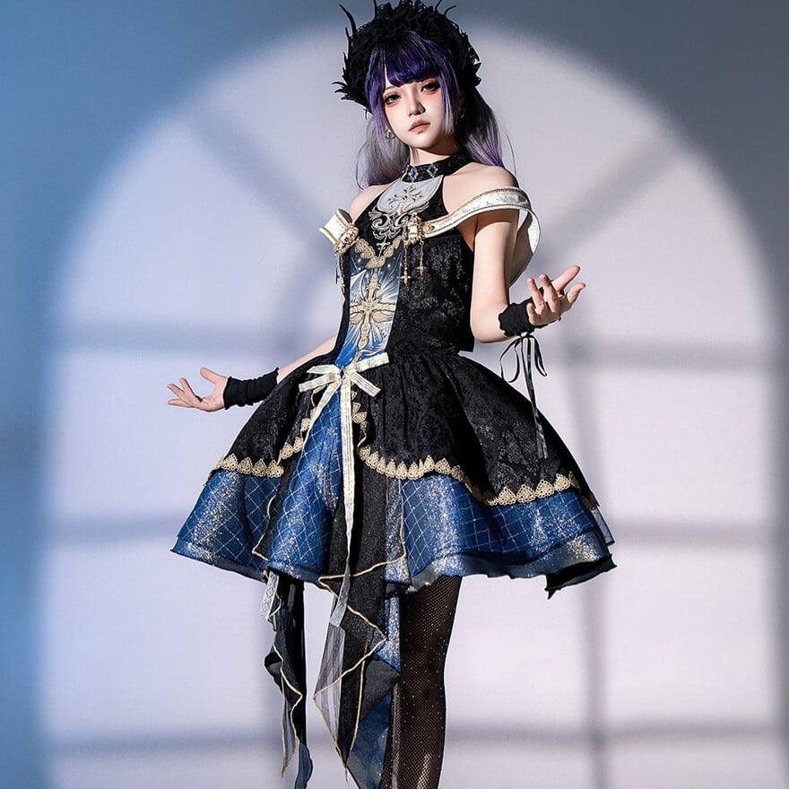 ロリータファッション 蒼月の聖騎士アシンメトリーゴスロリワンピース