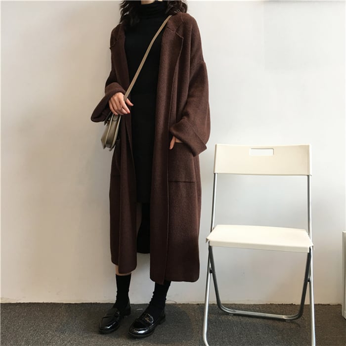 ロングニットカーディガン ニットコート 羽織 襟付き ポケット 落ち肩