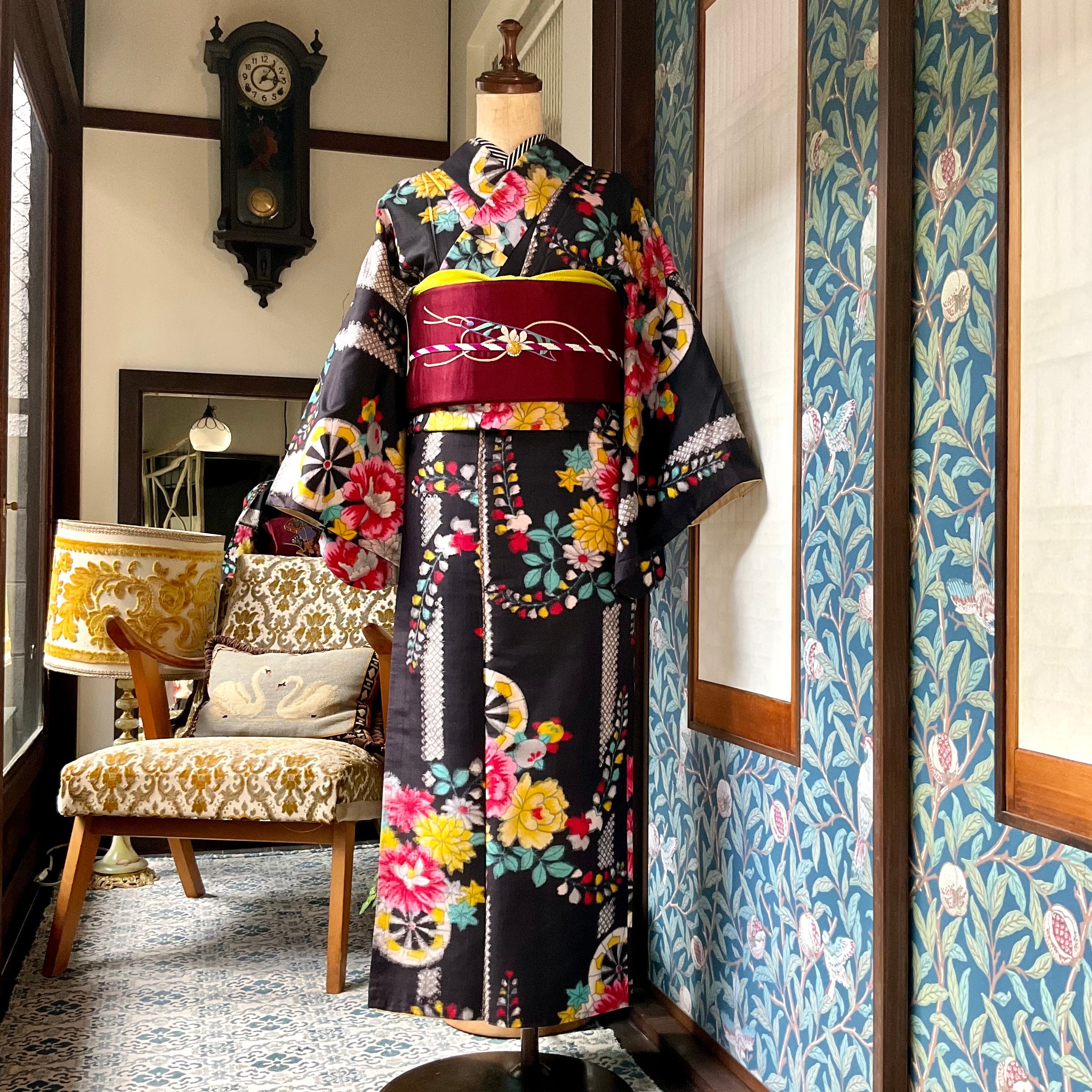 花ぐるま＊銘仙 藤 菊 花車 アンティーク銘仙着物 A406 | kimono tento