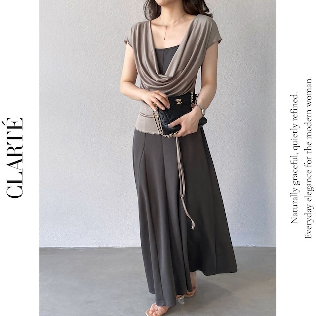 配色ドッキング ドレープネックロングワンピース（全2色）C0184