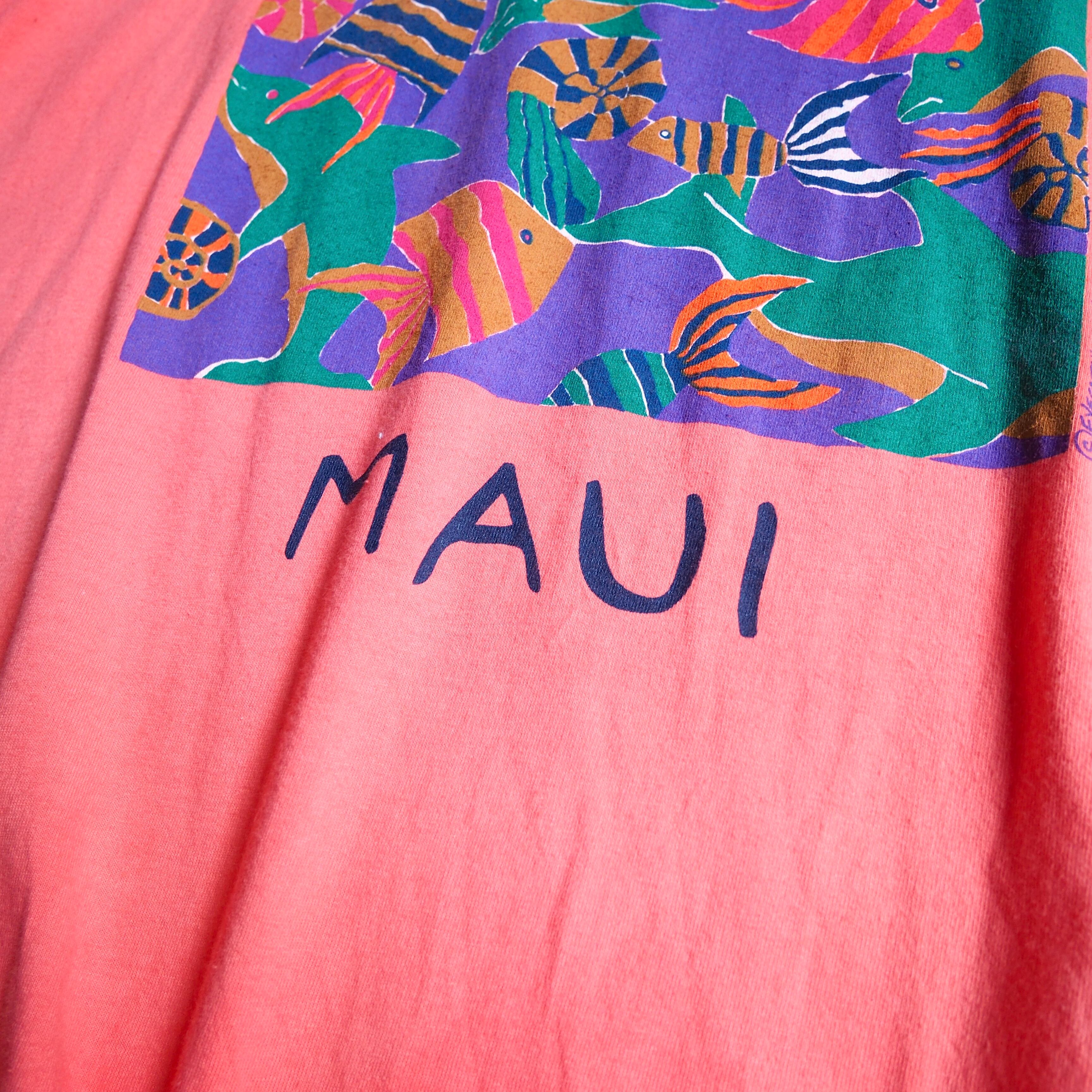 1992s " Made in USA " Fish printed Flamingo pink color vintage loose Tee