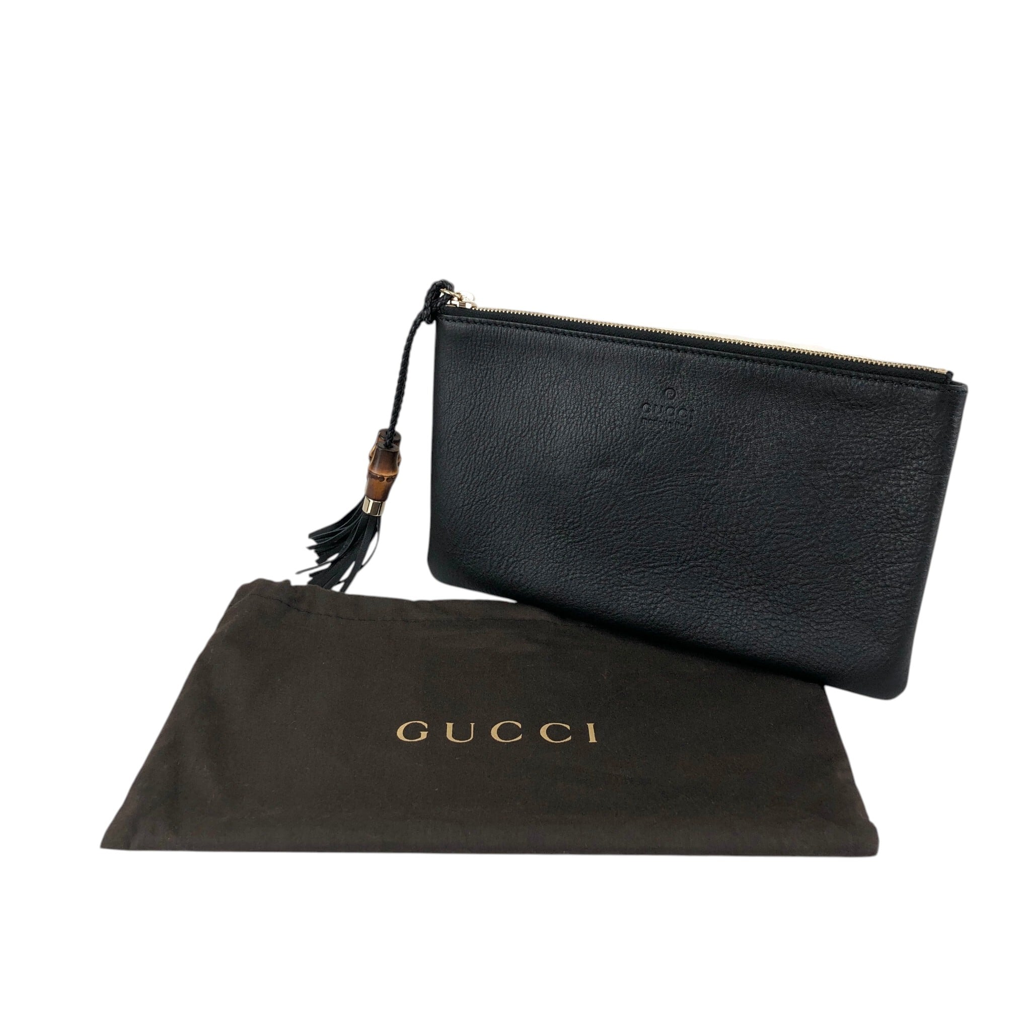 GUCCI グッチ クラッチバッグ ブラック ロゴ型押し レザー バンブー