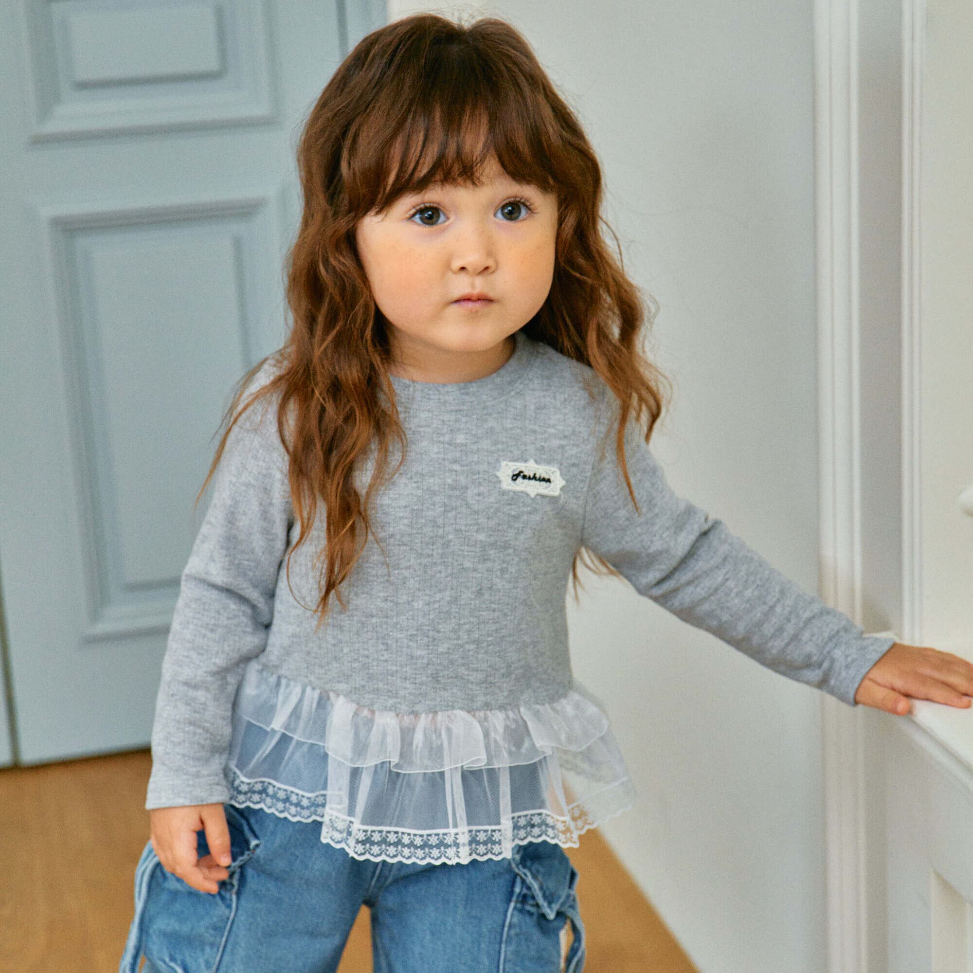 即納◆118-127 裾レースTシャツ-1st BLUE