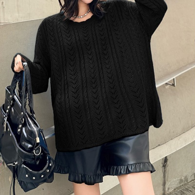 長袖 オーバーサイズ 透かし編み ニット 2color PU0496