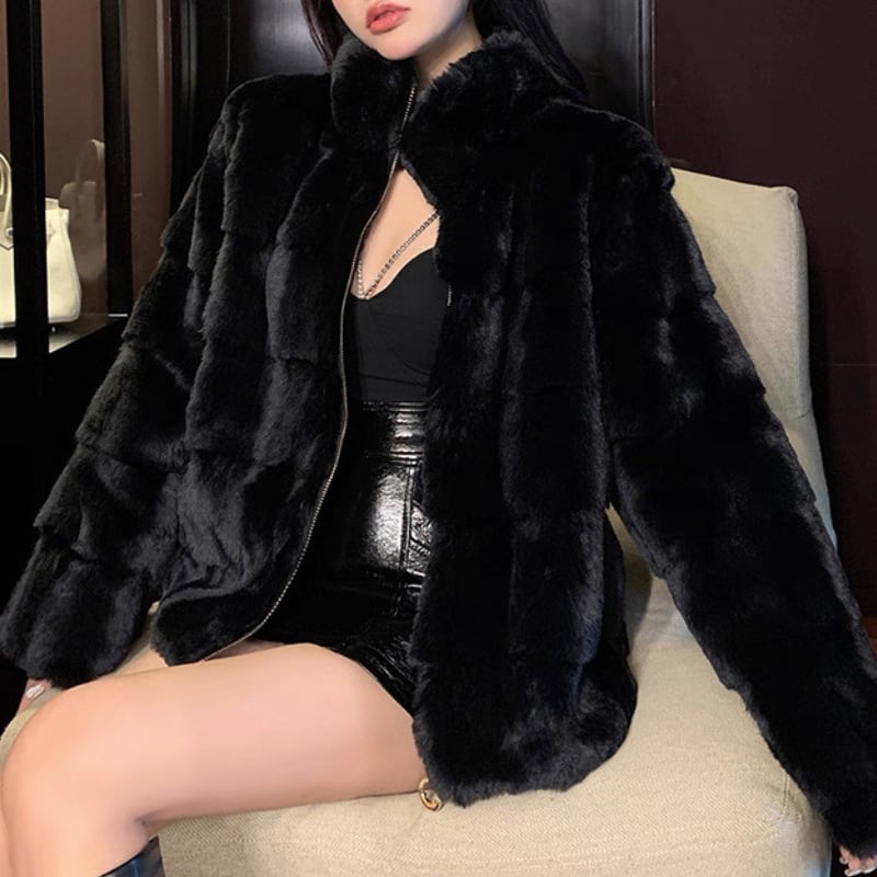 tiered faux fur zip jacket la2465