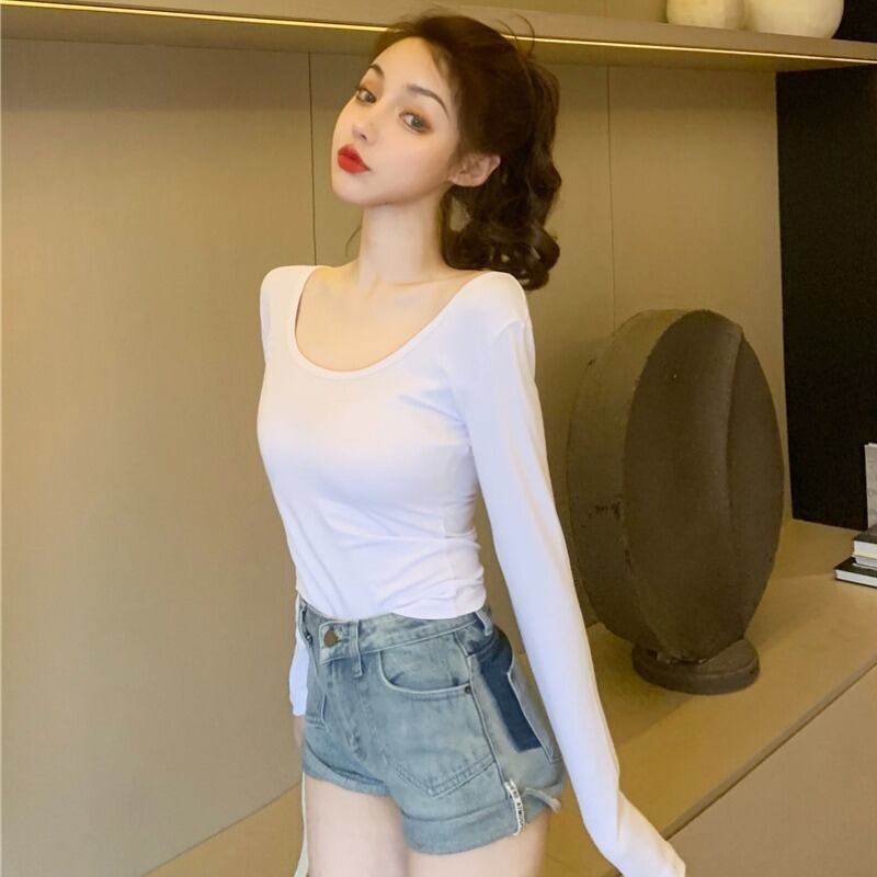 バックTシャツ レディーススプリングスタイルVネックショートソリッド カラートップス ロング 春物 ソリッドカラー YY-ファッション86034176153