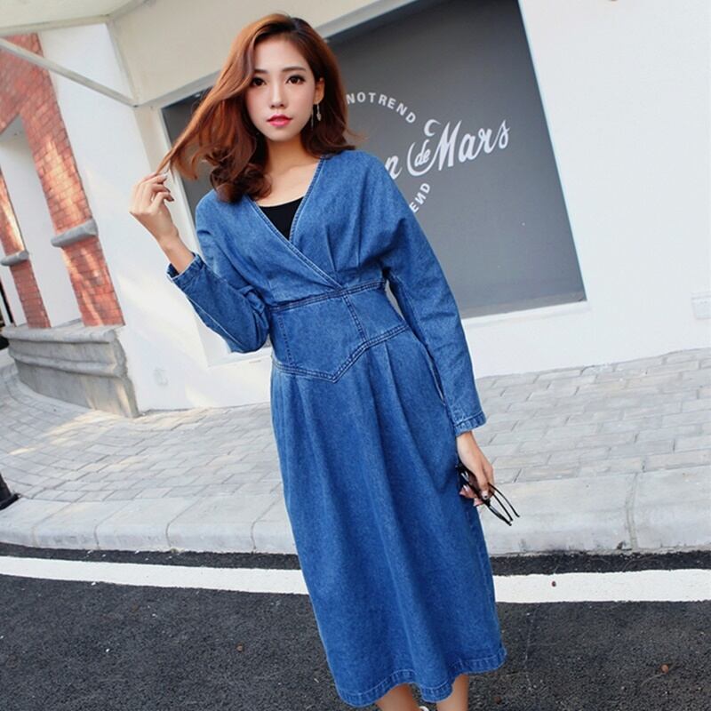 Vネック 長袖 ミディ丈 デニムワンピース