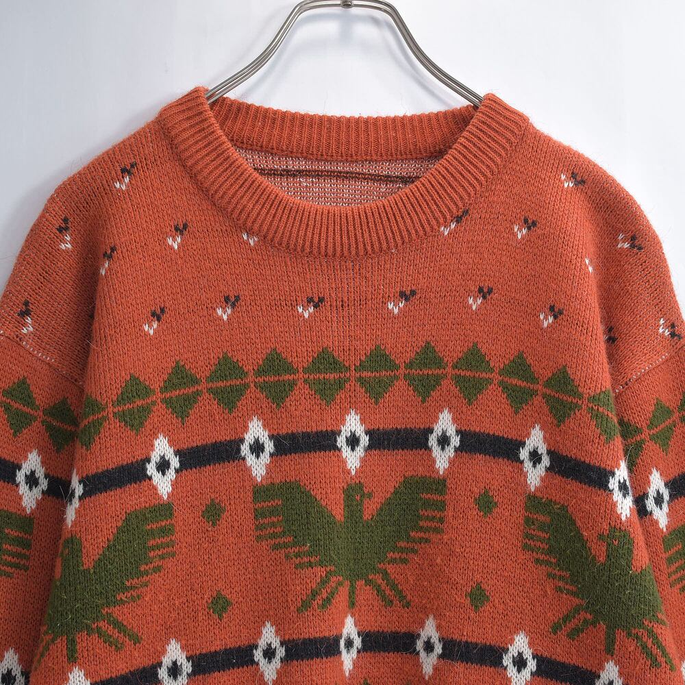 80s~ 日本製 Jp Vintage サンダーバード ジャガードデザイン プルオーバーニット セーター ジャパンヴィンテージ ネイティブ柄 ビンテージ 古着 メンズ M相当