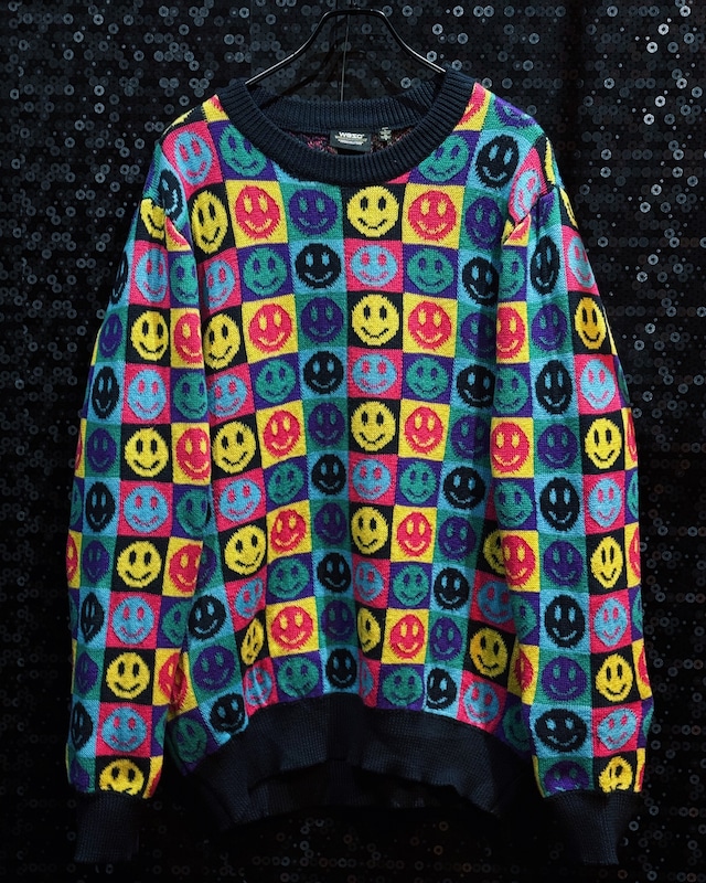 【ÆIEM】WeSC multicolor smiley face checkerboard all-over pattern crew neck knit