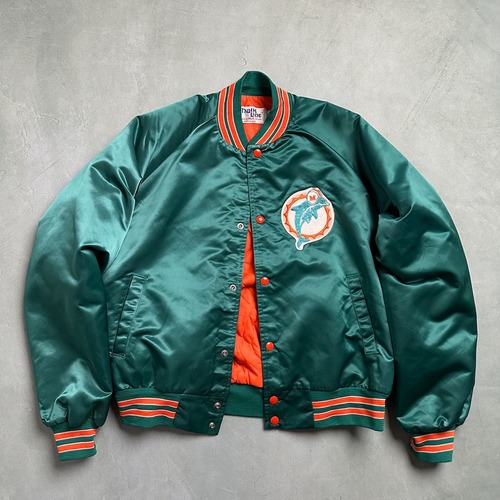 90s　USA製　NFL Miami Dolphins　両面　サテン　ナイロン　スタジャン　エメラルドグリーン 古着
