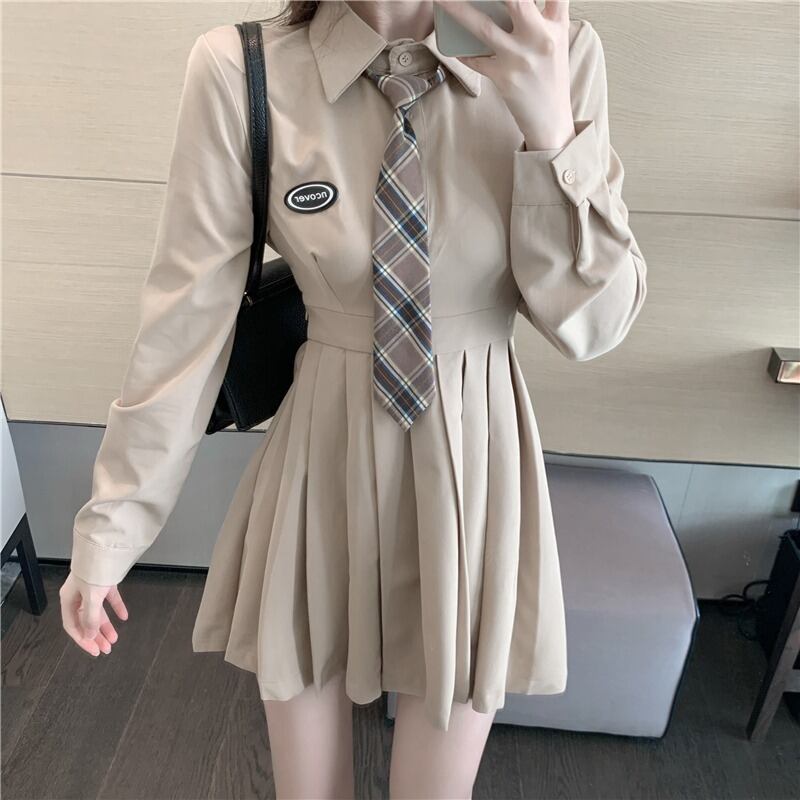 スタイルJKユニムウエストウエストは薄手の気質長袖POLOドレス女性秋新セクシープリーツスカート ドラファッションホール50383430631