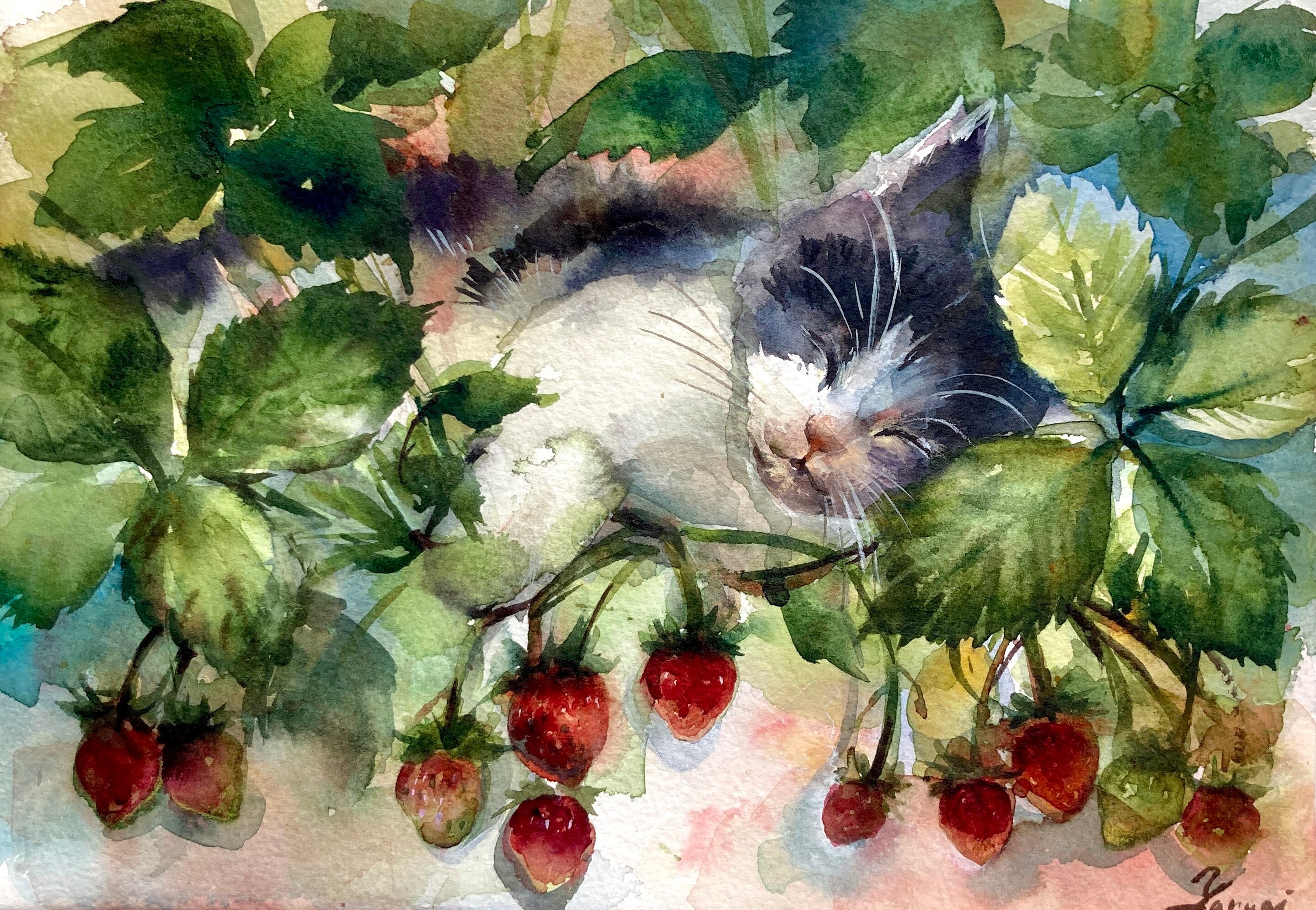 水彩画 原画 いちご畑の猫 | yanagi