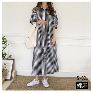 ワンピース シャツワンピース 綿麻 レディース ギンガムチェック S-XL 5分袖 ゆったり カジュアル 26LT974