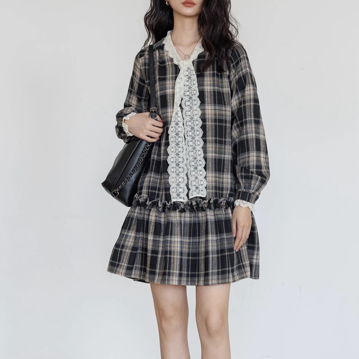 French check long sleeve lace bow tie dress