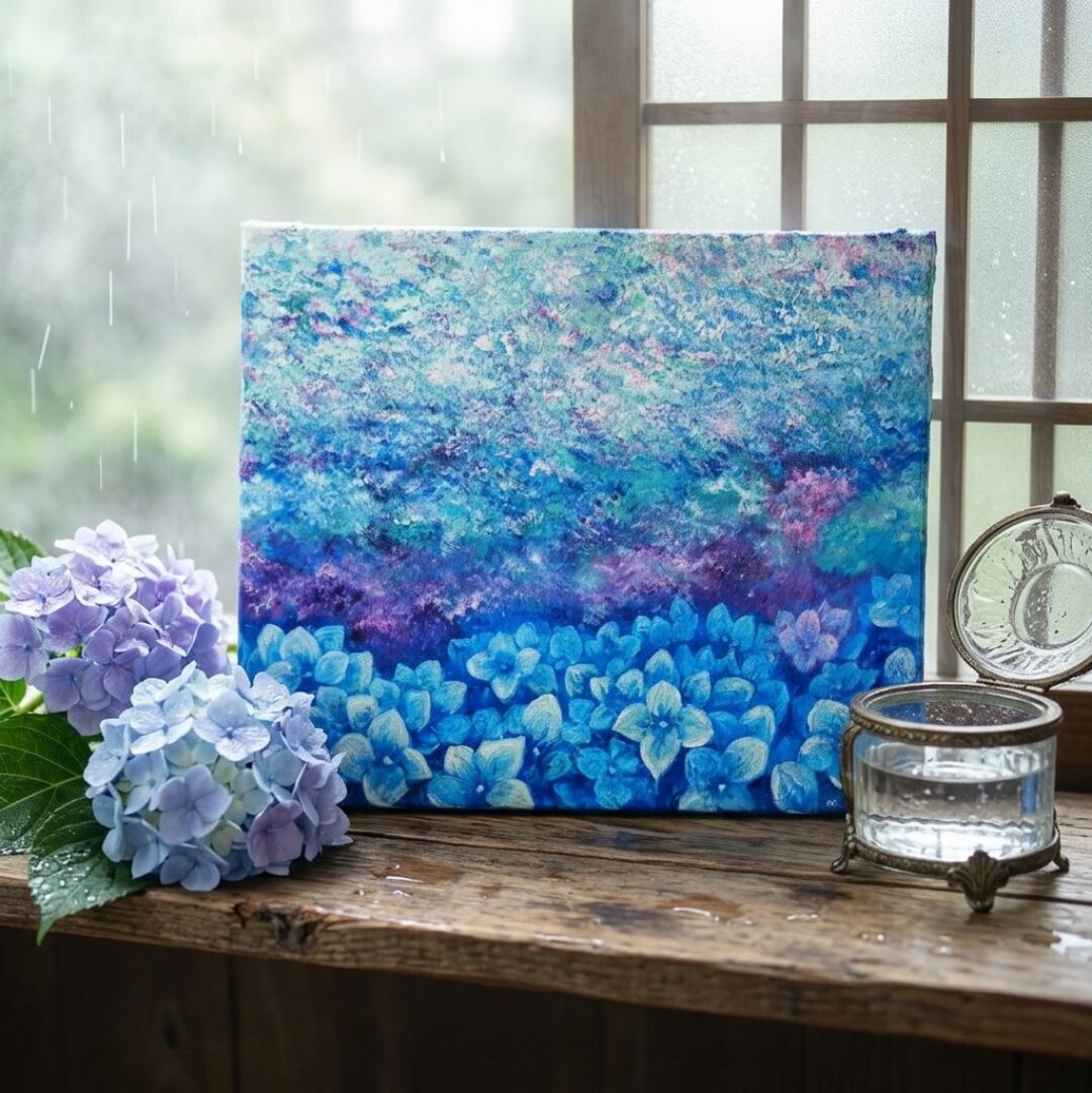 油絵・原画】雨上がりの奇跡 〜光満ちる紫陽花畑〜（F4号） ｜ 紫陽花