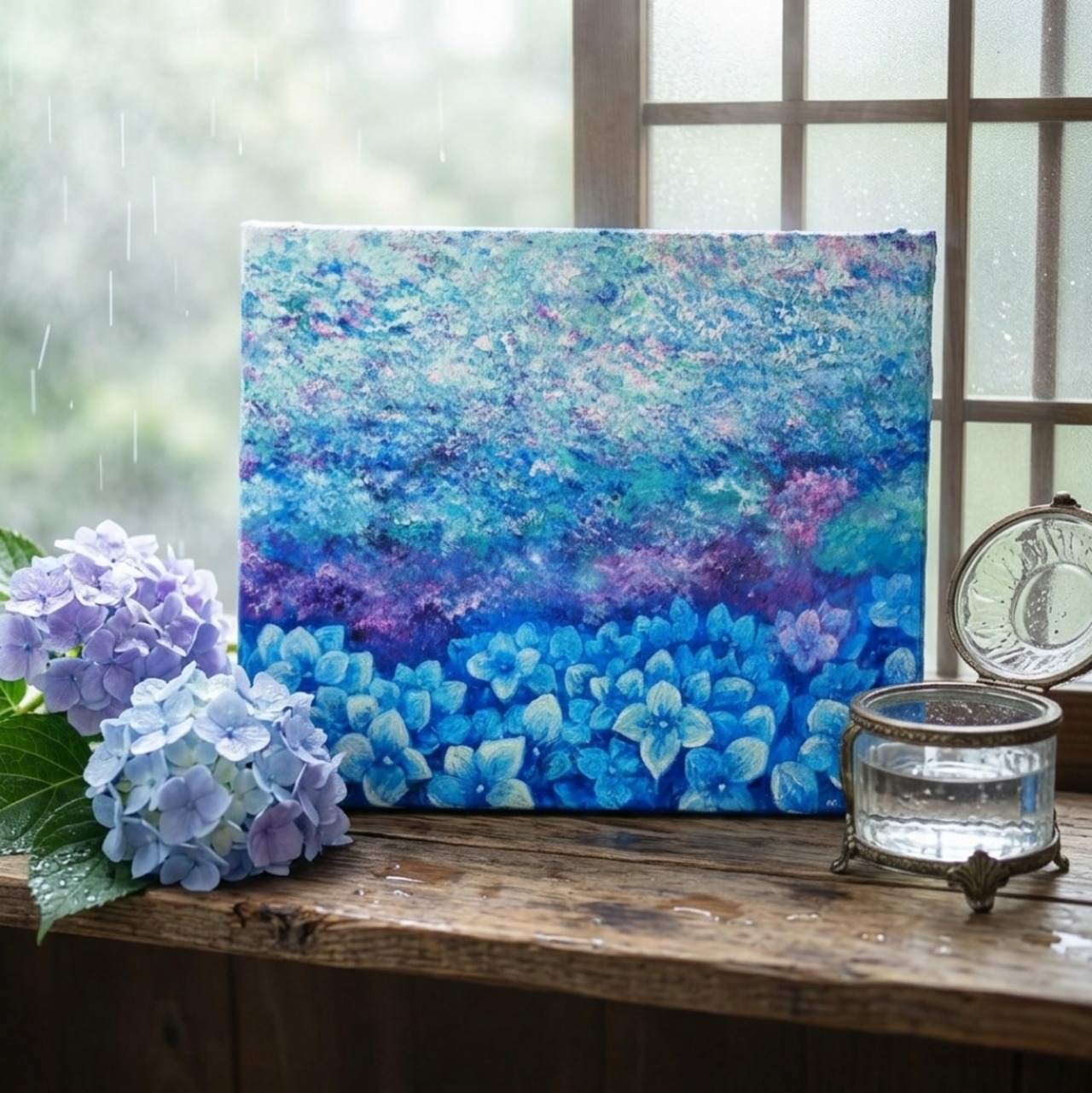 油絵・原画】雨上がりの奇跡 〜光満ちる紫陽花畑〜（F4号） ｜ 紫陽花