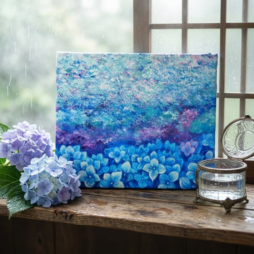 油絵 絵画【紫陽花畑】 油絵・原画】雨上がりの奇跡 〜光満ちる紫陽花畑〜（F4号） ｜ 紫陽花