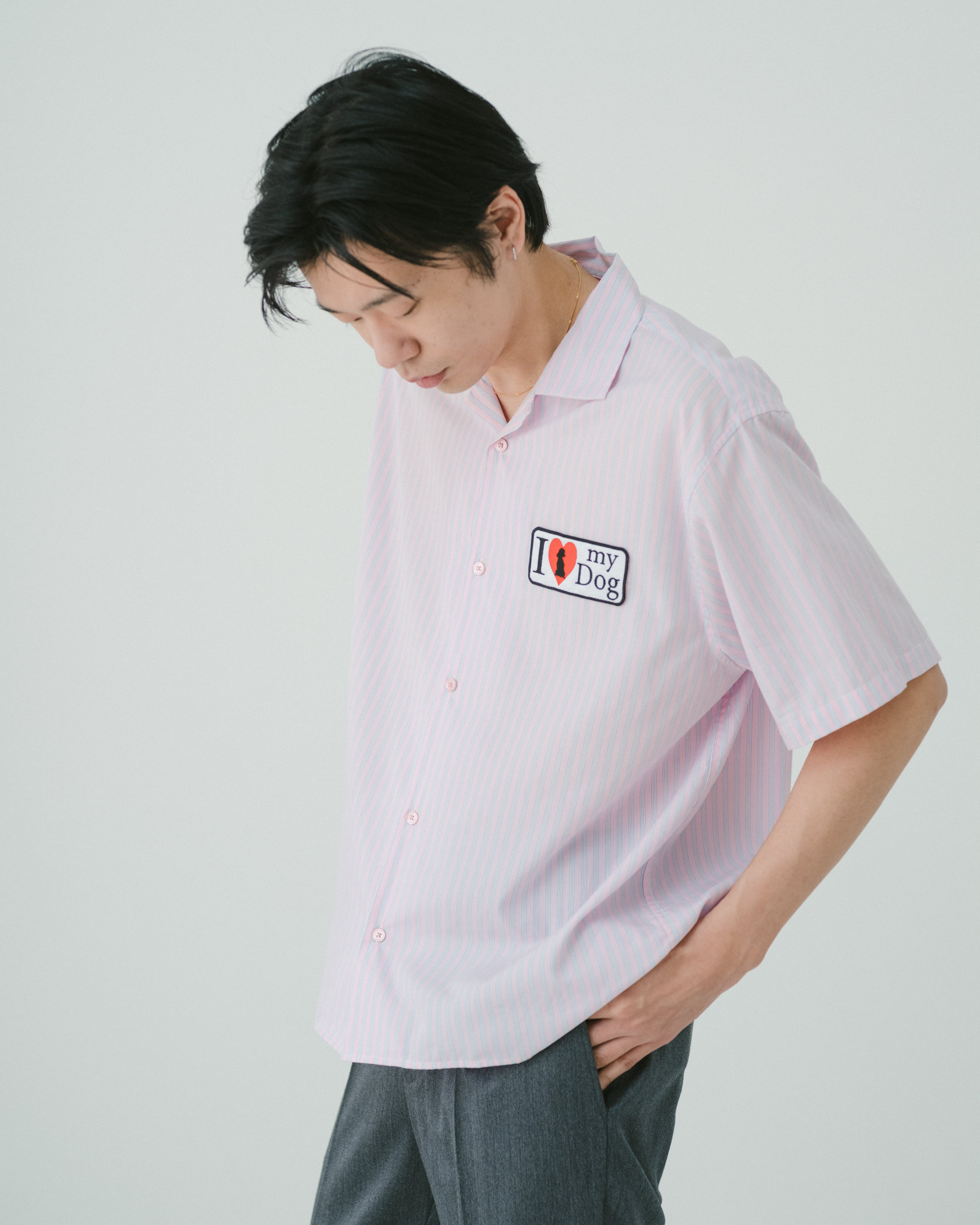 I love my dog half sleeve shirt（PINK STRIPE） | TTTMSW