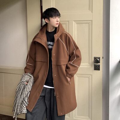 【予約販売】コート アウター フード付 ミドル丈 シンプル ライン 通学 ビジネス 防寒 メンズ ブラック/ブラウン/オフホワイト シック 防寒 お洒落 こなれ感 ベーシック 秋冬 大きいサイズ M/L/XL/2XL