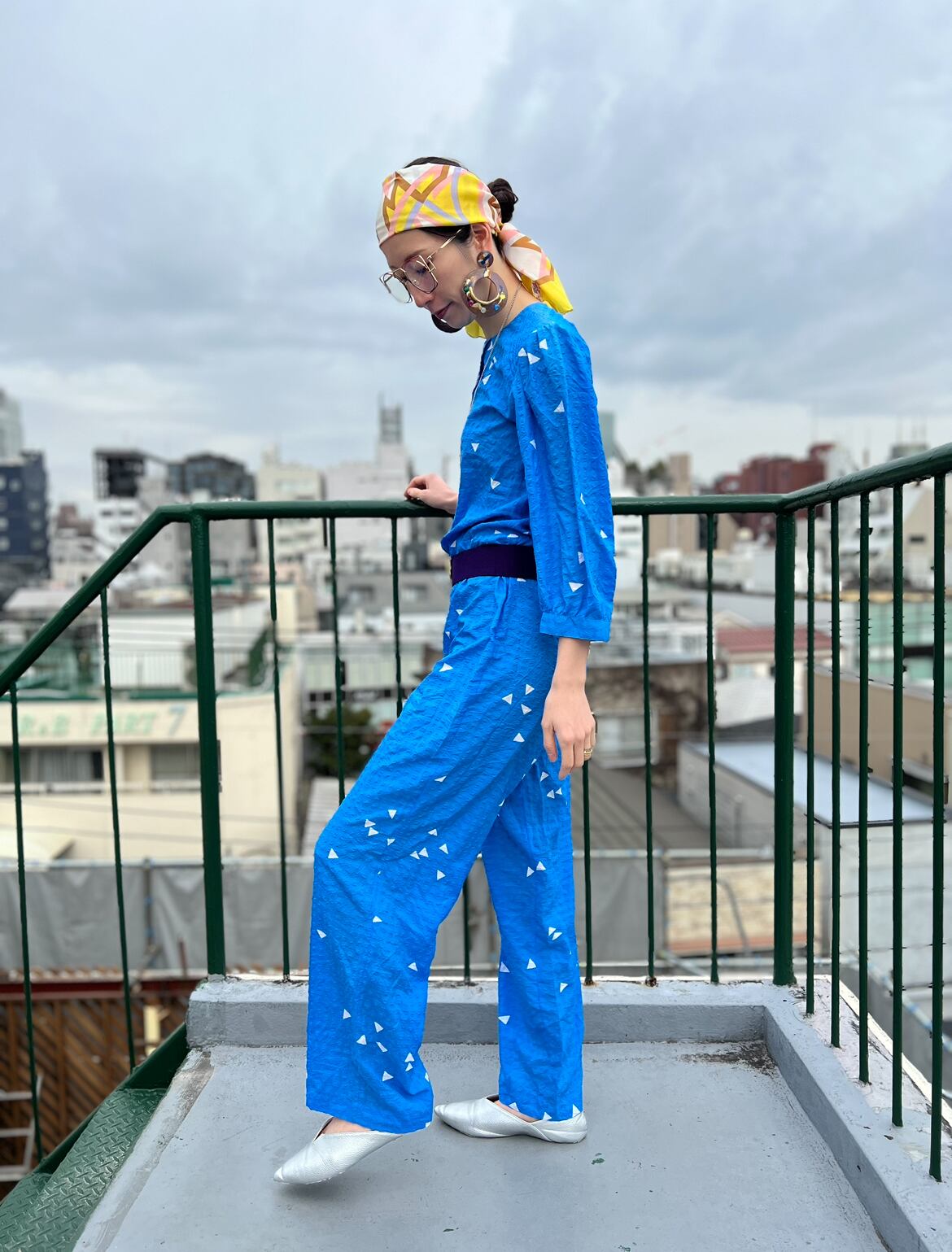 80s blue × white triangle poly jumpsuits ( ヴィンテージ ブルー