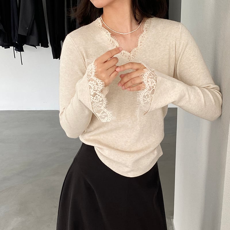 【tops】レースドッキングニットトップス Q7236