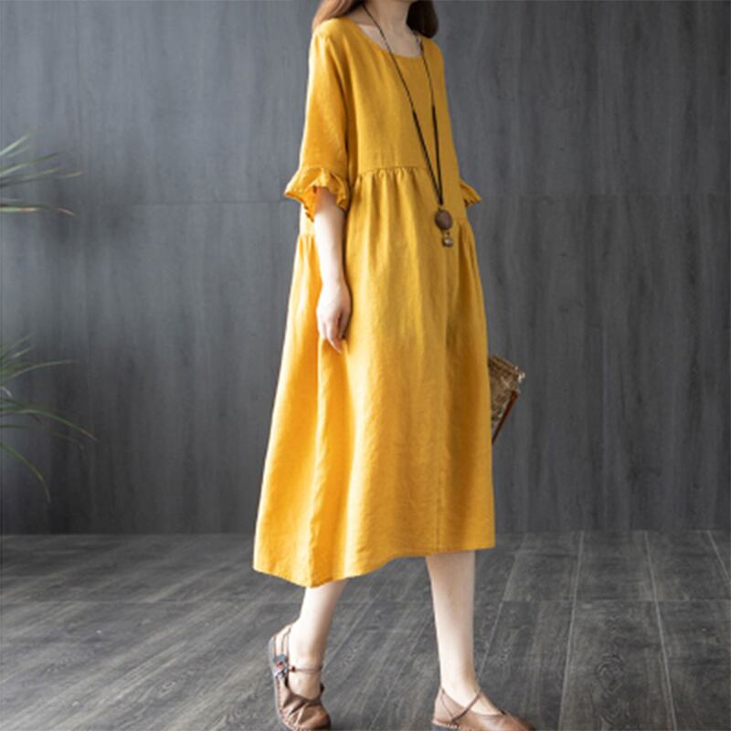 初回送料無料ゆったりとしたコットンリネンワンピースラウンドネック