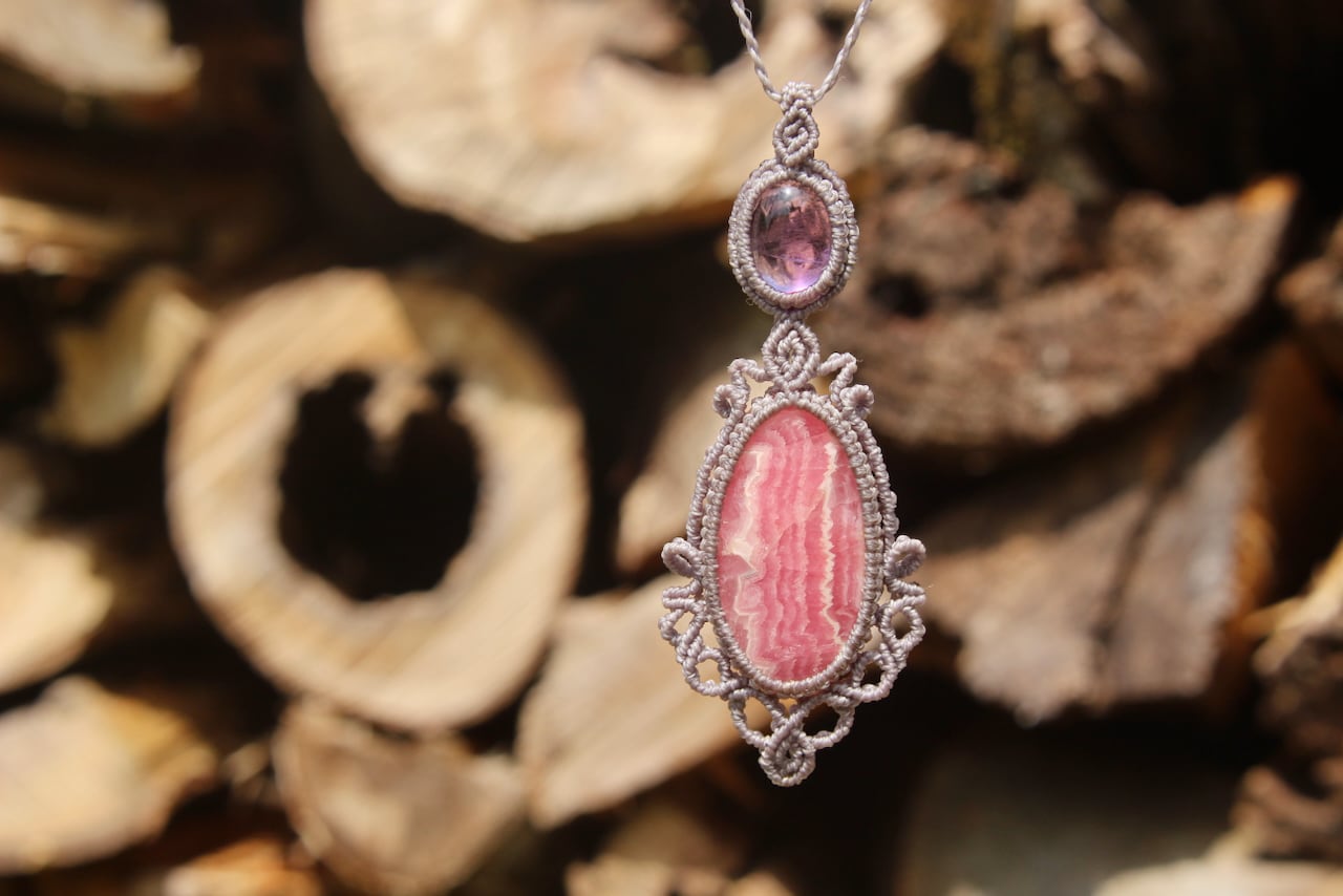Rhodochrosite & Amethyst micro macrame pendant