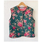フランス買付 ヴィンテージ キルティングベスト 花柄 フローラルプリント グリーン
