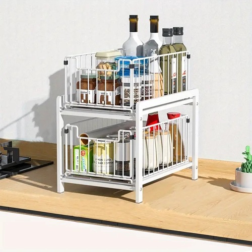 収納ラック ホワイト ブラック ゴールド ３色 2層 引き出し可能 金属製 シンク下 シンプル 棚 ラック