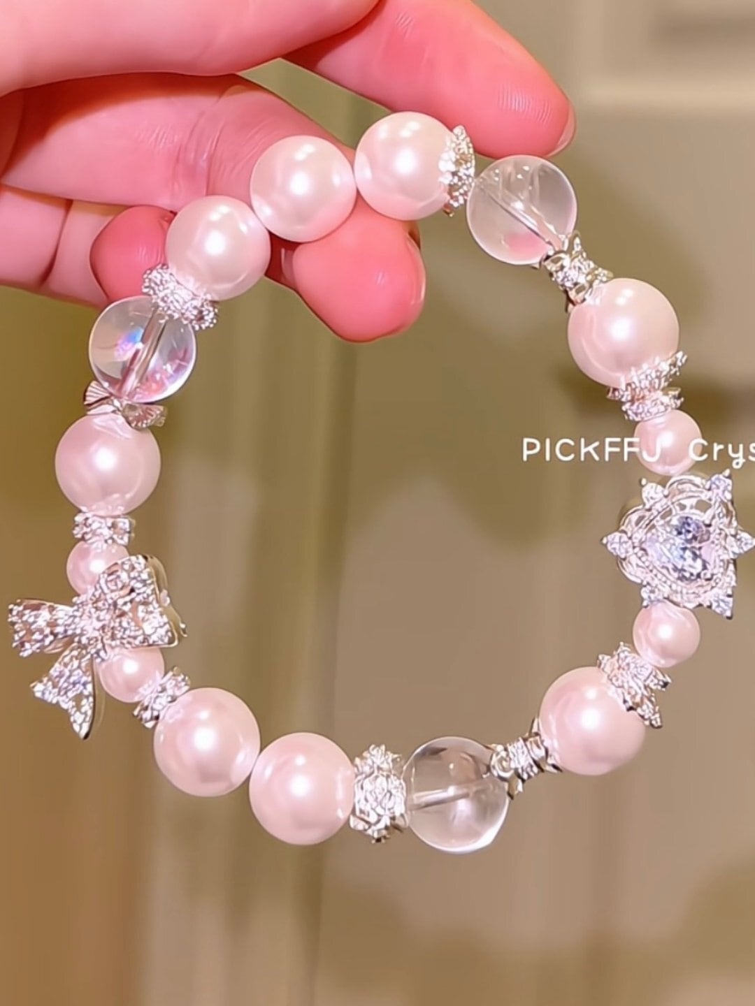 恋のご縁を結ぶ・白水晶と月光パールのリボンブレスレット♥A18