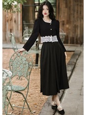 【0212】Pleated Skirt Cropped Shirt Long Sleeve 2 Piece Set