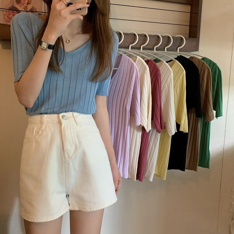 ニットセーター サマー薄手VネックTシャツ ルーズトップス 夏物 シルク 1号婦人39677650700