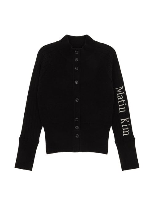 Matin Kim ロゴニットカーディガン MATIN KIM] HIGH NECK SLEEVE LOGO KNIT CARDIGAN IN BLACK | もごつ