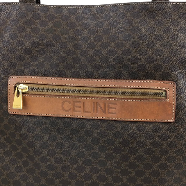 CELINE セリーヌ マカダム ハンドバッグ ブラウン ロゴ型押し PVCレザー トートバッグ vintage ヴィンテージ オールド idxpny