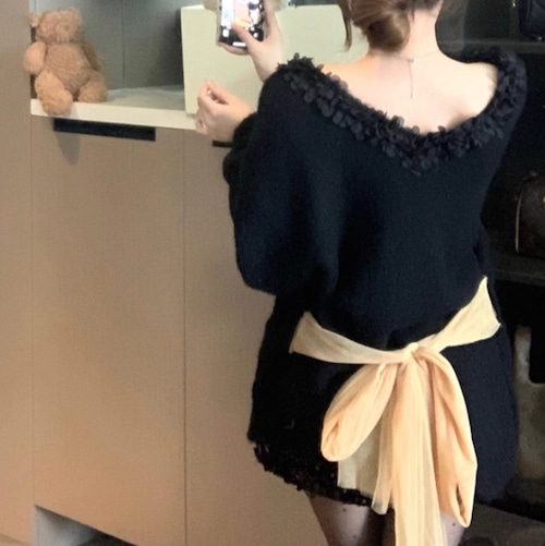 3色／バックリボンフラワーネックニット ・13326