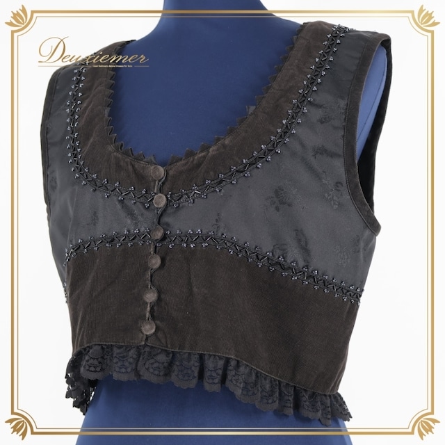 フォークダンス 衣装 ベスト ブラック系 ボタン ビーズ 花柄 黒 チロリアン カントリー 上品 かわいい 華やか レース オールブラック トップス シック 光沢 ダンス衣装