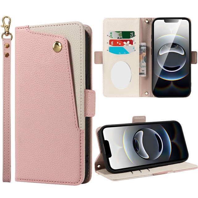 KWATUNG iphone17e用ケース手帳型 ストラップ付き iphone16e用ケース手帳型 ミラー付き 高級PUレザー【ライトピンク】