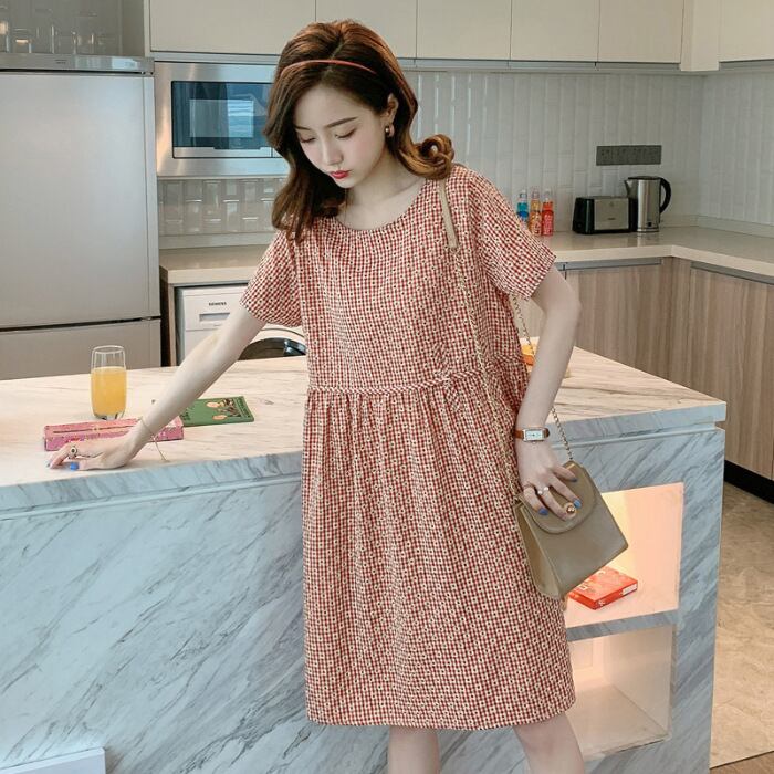 【新作】【送料無料】 マタニティウェア2020夏の新しい綿とリネンの格子縞のルーズドレス小さな新鮮なミドル丈のドレス妊婦-アリババ コットン サマー 夏物 expec260006007129