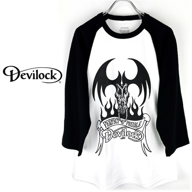 DEVILOCK / デビロック「FIRE TATTOO RAGLAN TEE」ラグランＴシャツ 七分袖 五分袖 黒 白 ブラック ホワイト デビル 悪魔 炎 ロゴ スカル ドクロ バイカラー メンズレディース ハードコア HARDCORE パンクロック PUNKROCK メタル バンド フェス ギフト無料 ステージ衣装 Rogia